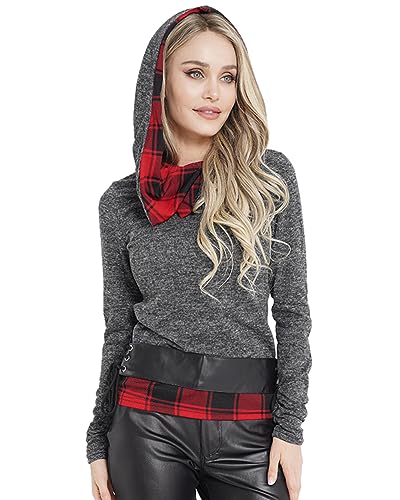 Image of DRESSFO 2024 Women's Knit Hooded Color Block Plaid Shirt Sweatshirt Pullover Sweatshirt Top With Lace-up Belt