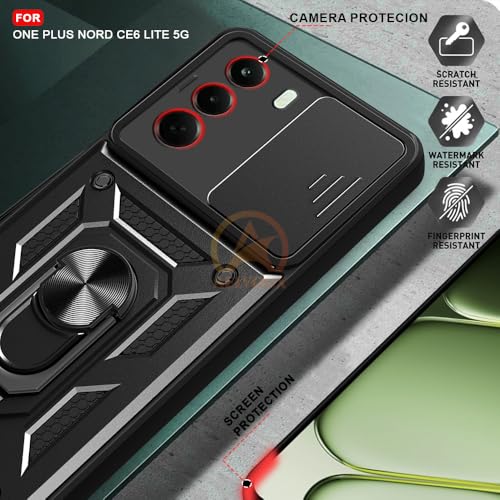 Image of Armor Bumper Back Cover Case for OnePlus Nord CE 6 Lite 5G Rotating Camera Cover, Ring Holder & Kickstand | Heavy Duty & 360 Degree Protection OnePlus Nord CE 6 Lite 5G Back Cover (Black)