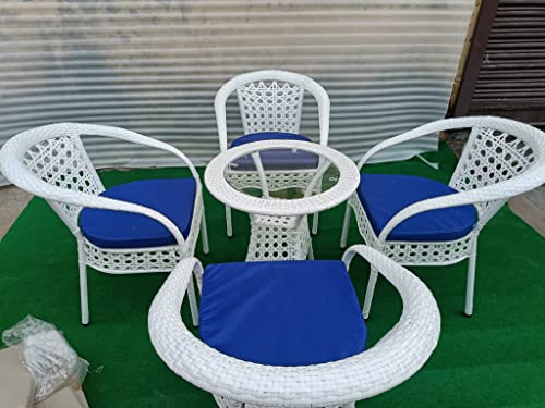 Image of Anaya Decor D-12 Chairs Table Set 4+1 Wicker Patio Furniture Sets 4 Chair and 1 Table with Cushions for Garden Balcony Bedroom Powder Coated Frame Uv Protected Wicker (White+Blue)