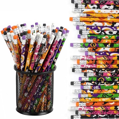 SULOLI 24 Pezzi Matite con Gomma Halloween,Matite Colorate in Legno,Gadget Regalini Fine Festa di Halloween per Bambini,Premi Scolastici