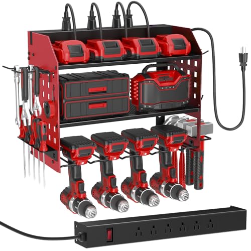 Image of SUNALLY Power Tool Organizer Wall Mount with Charging Station,3 Layer Metal Tool Storage Rack with 4 Drill Holders, Heavy Duty Power Tool Shelf for Garage, Warehouse, Workshop, Gifts for Men, Husband
