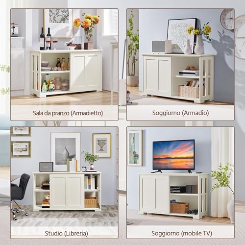 Yaheetech Credenza Mobile da Cucina Bianco Avorio con 2 Ante Scorrevoli Salvaspazio e Ripiano Regolabile in Legno Mobiletto TV da Salotto Soggiorno 106,7 x 33 x 63 cm - immagine 6