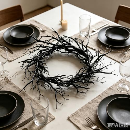 17 Inch Large Black Twig Spooky Realistic Halloween Wreath for Front Door (Black) - image 2