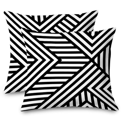 Supwhd Black and White Outdoor Pillow Covers 18x18 Set of 2 - Abstract Lines Modern Decorative Pillow Covers for Bedroom Living Room, Modern Black and White Home Decor (Double-Sided), Sstripe
