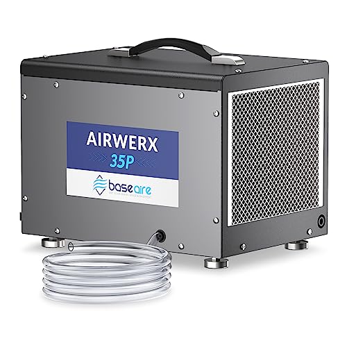 BaseAire 70 Pints Crawlspace Dehumidifier with Pump, Whole Home Dehumidifiers for Commercial and Basements with Drain Hose, Auto Defrost, Compact, GLGR Technology Up to 1000 Sq Ft