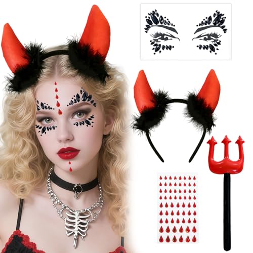 GWAWG Conjunto de 4 peças de fantasia de para mulher, diadema de chifre de , pedras preciosas faciais, tatuagem de cicatriz e varinha, acessórios de fantasia de Halloween para cosplay