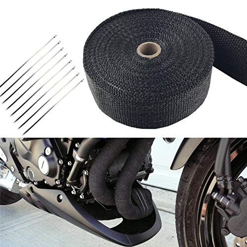 Foneso 2" x 50' Black Exhaust Heat Wrap Roll for Motorcycle Fiberglass Heat Shield Tape with Stainless Ties (2 Roll + 24 Ties Kit)