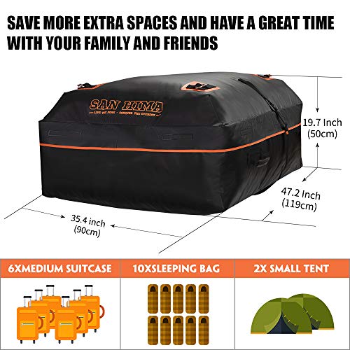 SANHIMA Rooftop Cargo Carrier Bag - 20 Cubic Feet Waterproof Cargo Carrier with Anti-Slip Mat + 2 Reinforced Straps + 4 Bungee Cords + 6 Door Hooks for All Vehicle with/ Without Rack & Truck Bed