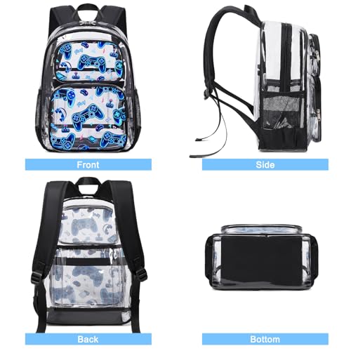 Bevalsa Clear Gaming Backpack for Boys Girls Kids, Transparent Backpack with Lunch Bag & Pen Case for Toddler Kindergarten Elementary School, Heavy Duty See Through Bookbag Stadium Approved (Blue)4