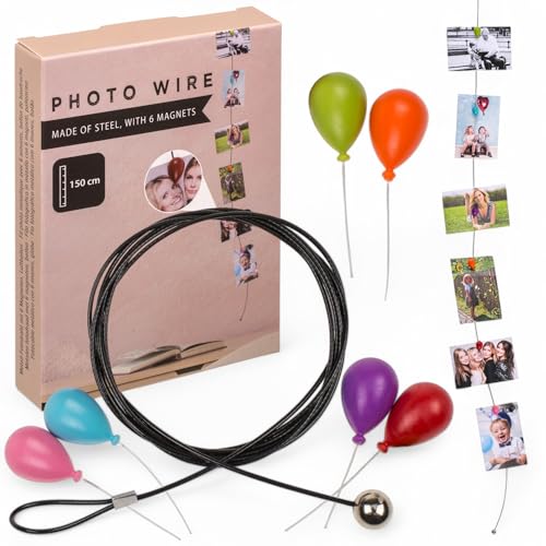 MIJOMA Photo Wire with Magnets - Stylish Steel Photo Hanger - Flexible Photo Rope for Pictures, Postcards & Notes - Easy Wall Mounting No Drilling (150cm with 6 Balloon Magnets)
