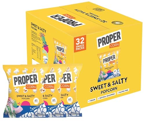 Proper Corn Sweet & Salty Popcorn Natural Sea Salt and Demerara Sugar Seasoning Vegetarian Gluten-Free Hand-Popped Corn Box of 32 x 14g By Red Rainbow