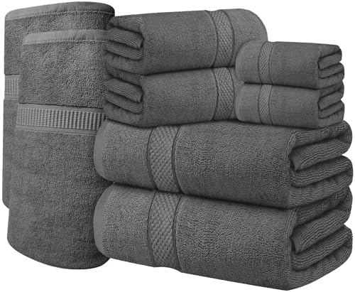 Image of Oakias Premium Towel Set 600 GSM 8 Piece Grey - 100% Ring Spun Cotton Highly Absorbent Towels Set - Super Soft Bathroom Towel Set - Hotel Quality Double Stitched Hem - Ideal for Hotels, Spa, Gyms