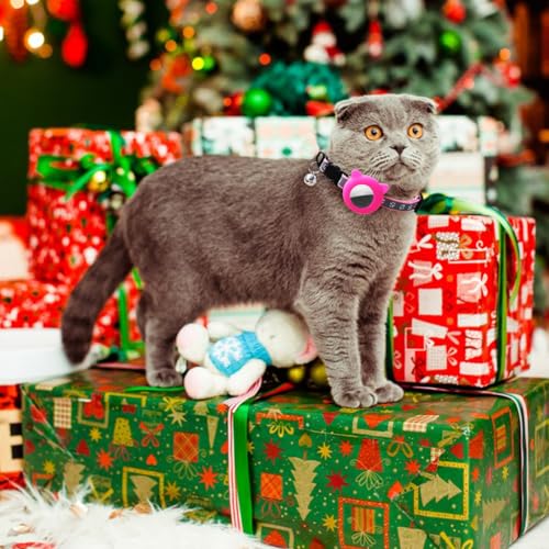 Image of Qpets Pink Cat Collar With Silicone Airtag Holder, Reflective Airtag Case Cat Collar With Bell Quick Release Adjustable Cat Collar For Small Cat Kitten (8.6-10.8 inch, Without Air Tag),27.5 Cm