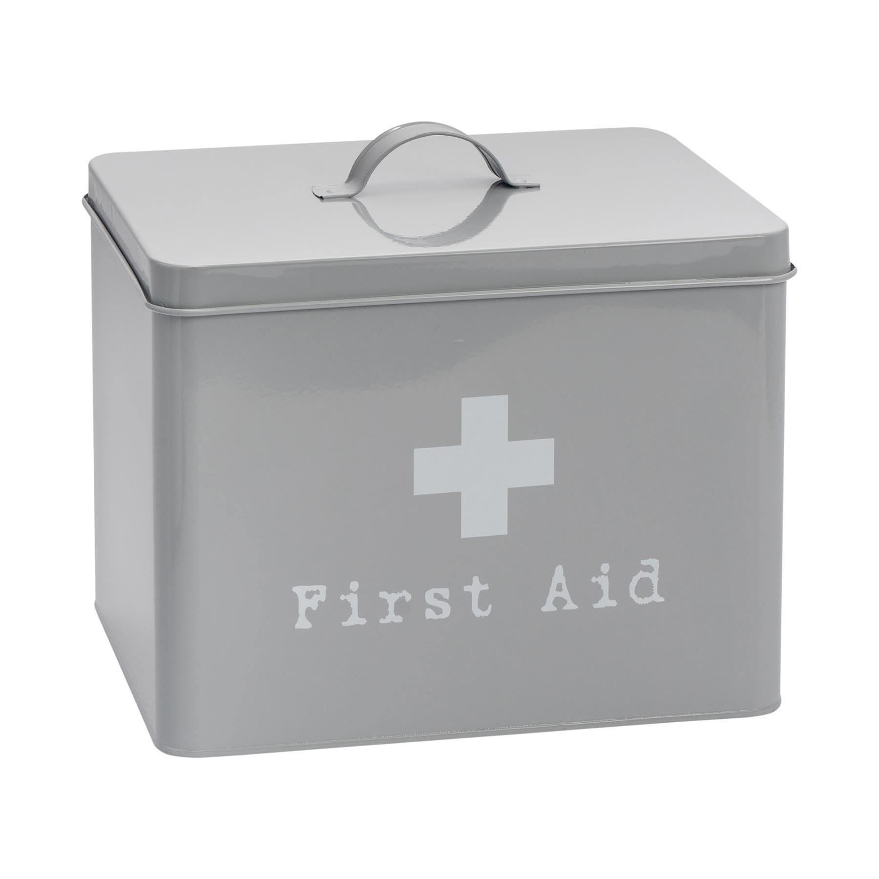 Harbour Housewares Grey Vintage Metal First Aid Box - 29Cm - Medical Storage Tin With Airtight Lid, Handle & 2-Tier Removable Organiser Tray - Steel Medicine Storage Plasters, Pills & Essentials