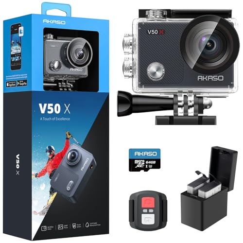 AKASO V50X Native 4K30fps WiFi Action Camera with EIS Touch Screen 4X Zoom 131 feet Waterproof Camera Support External Mic Remote Control with Helmet Accessories (with 64GB MicroSD Card)