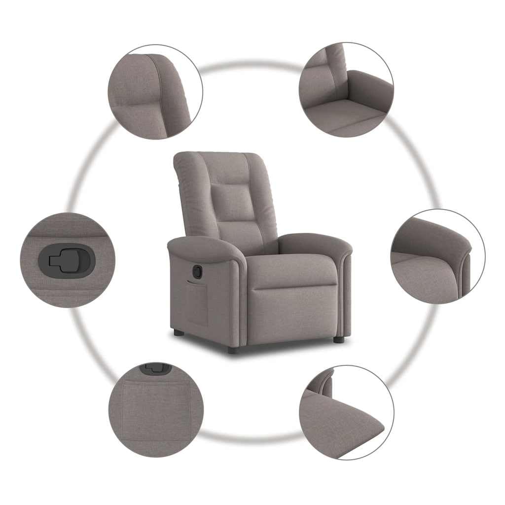 Relaxsessel Taupe Stoff, verstellbar bis 135 Grad, mit Armlehne und Rückenlehne, Holz Metall Gestell, gepolstert für Wohnzimmer Büro Gästeecke, 77 x 91,5 x 96 cm