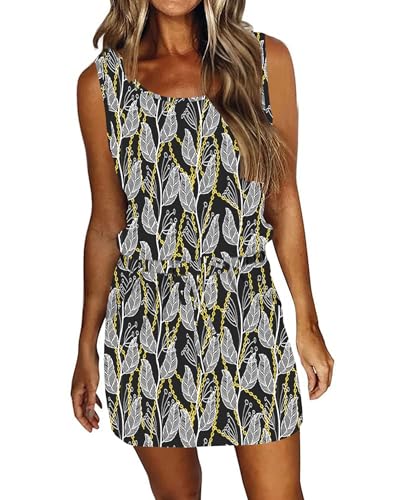 Image of AUSELILY Womens Summer Dress Casual Sleeveless Drawstring Short Dresses | Adjustable drawstring waist for a custom fit, plus 2 side pockets-perfect beach-to-street sundress