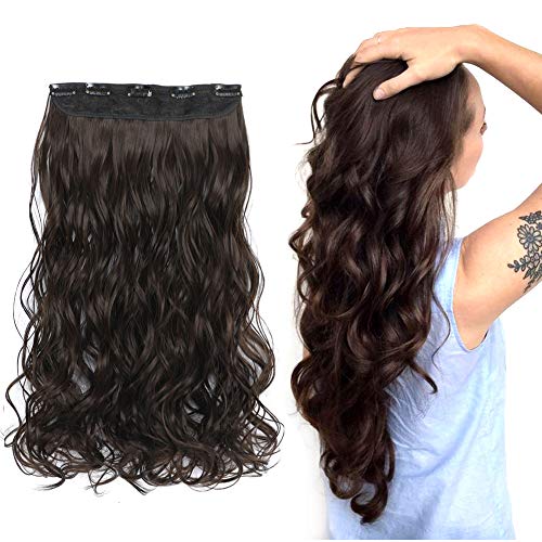 Rosa Star 1-pack 3/4 Full Head Curly Wave Clips in on Synthetic Hair Extensions Hair pieces for Women 5 Clips Hair Extension (16inch, Dark Brown 4#)