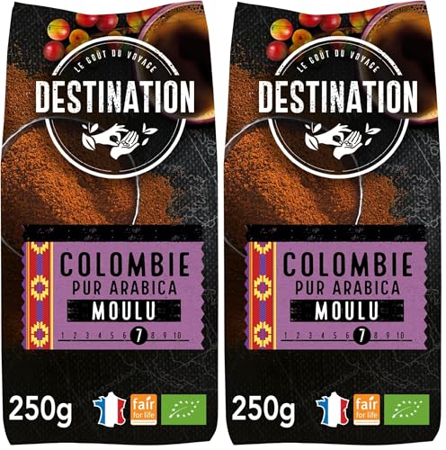 Destination - Café Ecológico Molido de Origen Colombiano - 250 g - Café de Especialidad 100% Pur Arábica - Tostado Artesanalmente en Francia - Intensidad Alta (Paquete de 2)