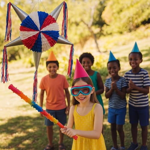 Traditional Mexican Star Pinata - 5 Spikes Design - Great for Birthdays, 4th of July, Independence Day, Superhero Parties - Large, Holds Candy and Toys