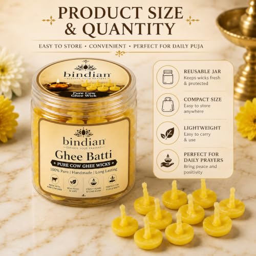 Image of Bindian Pure Cow Ghee Batti for Puja Pack of 100 | Ready to Use Handmade Cotton Ghee Wicks | Long Burning Diya Batti for Daily Puja, Aarti, Mandir, Temple, Diwali & Festivals | 100% Pure Cow Ghee, Smokeless & Non-Toxic, Steady Flame, Cotton Wick, For Puja & Aarti