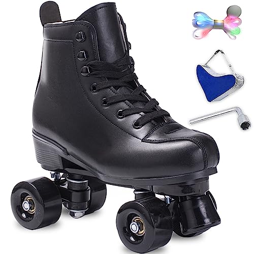Roller Skates Women Men High-Top PU Leather Roller Skates Classic Double-Row Roller Skates Outdoor Indoor Quad-Skates with Light up Shoe Laces (Black Black Wheel, 45-US Men 11= Women 12)