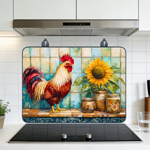 Image of Nuxovilar Rooster Stove Cover Diatom Mud 28.65x20.47 In | Glass Protector Countertop Mat Counter Saver Cooktop Cover Farmhouse Kitchen Patio Camper (Rooster Sunflower)
