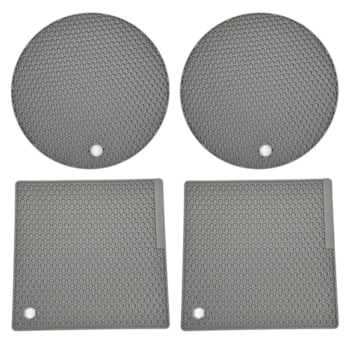 Salvamanteles de silicona para platos calientes y ollas, soportes para ollas de cocina resistentes al calor (2 redondos de 7 pulgadas + 2 cuadrados de 7 pulgadas, gris) – Soportes multiusos para