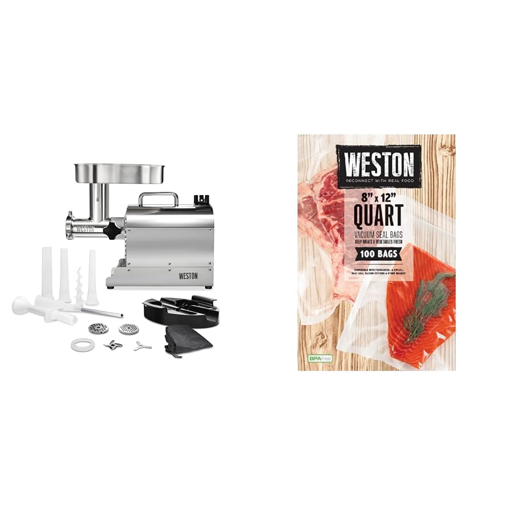 Pro Series Electric Meat Grinder, Commercial Grade, 560 Watts, 75 HP, 6lbs. & Vacuum Sealer Bags, 2 Ply 3mm Thick, for NutriFresh, FoodSaver & Other Heat-Seal Systems