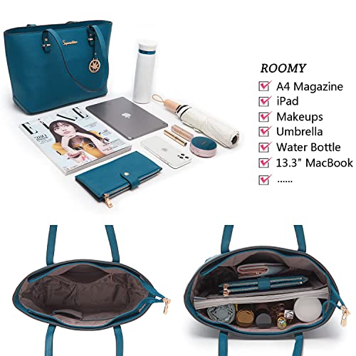 Soperwillton Purses For Women Handbag Set Large Top Handle Tote Shoulder Bag Ladies Satchel Matching Wallet Blue 3Pcs #TOP4