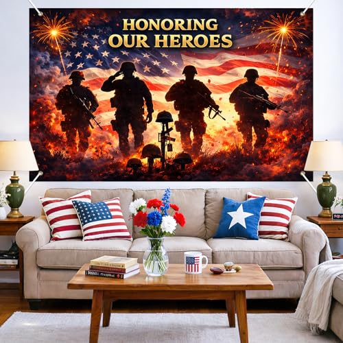 Image of BlissYard Patriotic Banner 71x43 Inches 4th of July Decorations Honoring Our Heroes Memorial Day Backdrop Veterans Day Banner American Flag Military Tribute Banner Patriotic Decorations for Indoor Outdoor Home Yard Party Supplies