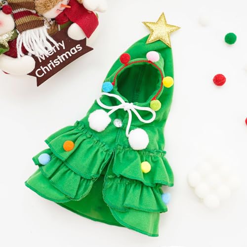 Cat Christmas Outfit Green Pet Cloak with Hat with Star and Pompoms Puppy Cape Clothes Xmas Tree Elf Costumes Party Pet Supplies Accessories for Small Dogs Cats Pet Santa Presents - Image 5