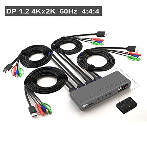 CKLau 4Kx2K@60Hz 4:4:4 DP Displayport KVM Switch 4 Port with Cables, Audio
