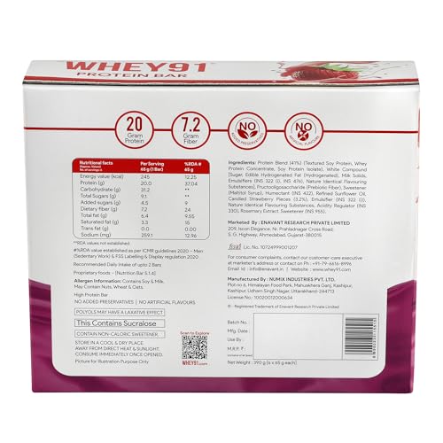 Image of Whey91 Strawberry Splash Protein Bar, 20g Protein & 7.2g Fiber in each, No Added Preservatives, No Artificial Flavour, 390g- (Pack of 18)