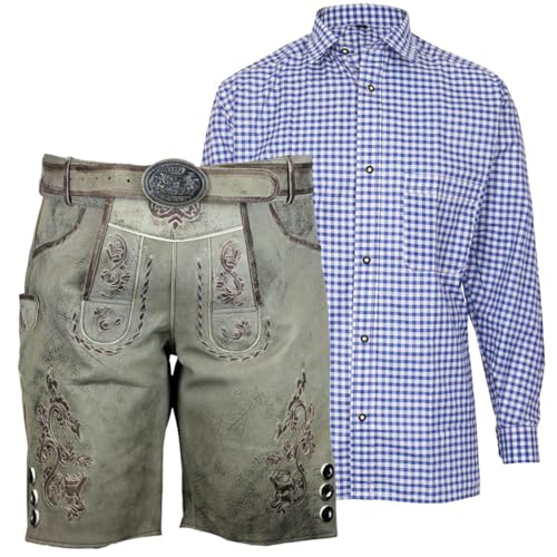 MS-Trachten Herren Trachtenset Lederhose Fabian mit Hemd Blau Kariert 52 / L