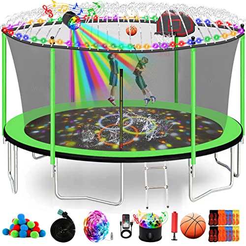 Goujxcy 1000 LBS 12FT Trampoline for Kids and Adults, Outdoor Trampoline with Sprinkler, Basketball Hoop, Lights with Speaker, Enclosure Net, Water Balls, Socks - ASTM Best Heavy Duty, Green