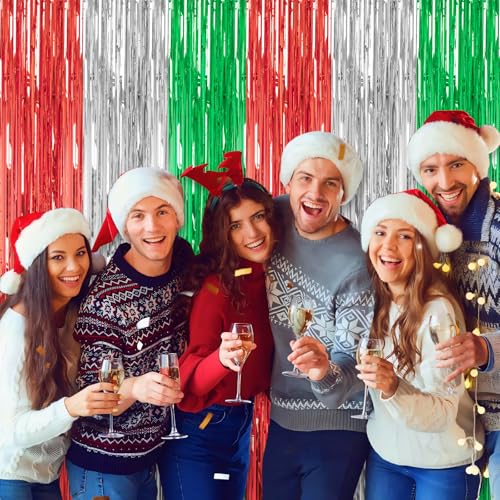 Image of DECOCKRAT 3 Pack Foil Fringe Backdrop - Shiny Tinsel Curtains for Party Decoration /Photo Booth Props - 3.3x8.2FT Metallic Foil Backdrop for Birthday, Wedding, Graduation, Christmas-Red&Silver&Green