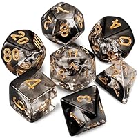 Dzxin DND-Spielwürfel-Set, 7-teilig, polyedrisches Würfel-Set für Dungeons and Dragons, RPG, MTG, Rollenspiele, Tischspiele (Transparent+Schwarze Wolke)