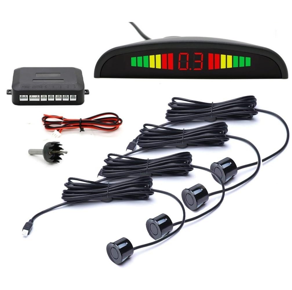 Adwait Car Reverse Parking Sensor Set of 4 Black Sensors with LED Display Buzzer and Control Box Radar Beep Sound Alert Auto Object Detector For Tata Evision