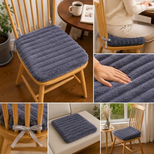 Image of COZY FURNISH Slate Blue-Grey Solid Fluffy Chair Seat Cushions with Ties, 16x16 Inch Faux Fur Dining Chair Pads with Foam Filling, Pack of 2