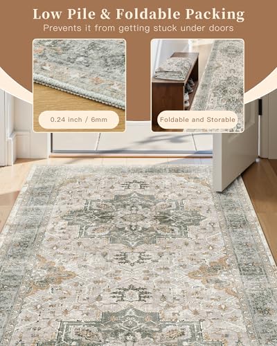Madane Washable Runner Rug - 2x6 Rug Runners for Hallways 6 Foot Non Slip Vintage Kitchen Runner Rug Ultra-Thin Bathroom Runner Rugs Carpet Laundry Room Bedroom (2x6ft, Light Taupe Brown)