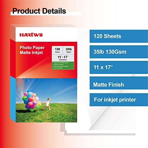 Hartwii 120 Sheets Thin Matte Presentation Photo Paper 11X17 Inches 35Lb 130Gsm 6.5 Mil A3 For Dye Ink Inkjet Printer #TOP2