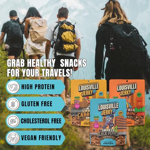 Image of Louisville Jerky Co. Smoked Black Pepper Vegan Jerky, 3 oz, 5-Pack | 5g Protein, Plant-Based Protein Snack, Vegetarian Jerky, Meatless, Savory, Ready-to-Eat, Vegan Beef Alternative, Travel Ready