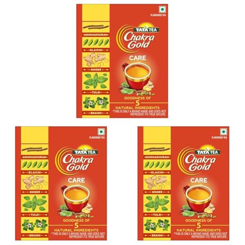 Image of Tata Tea Chakra Gold Care | Goodness Of Five Natural Ingredients | Brahmi, Ginger, Tulsi, Elaichi & Adhimadhuram | Flavoured Black Tea | Powder, 500 Grams (Pack of 3)