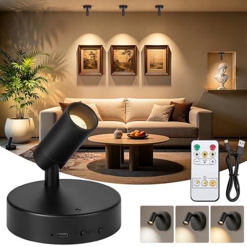 Ketom Aplique Pared Interior Regulable, Lampara Pared sin Cable, Foco LED Recargable, 3 Temperaturas de Color, con Control Remoto, Giratorio, para Planta Obras Arte Habitación Estar, Negro, 1 Pieza