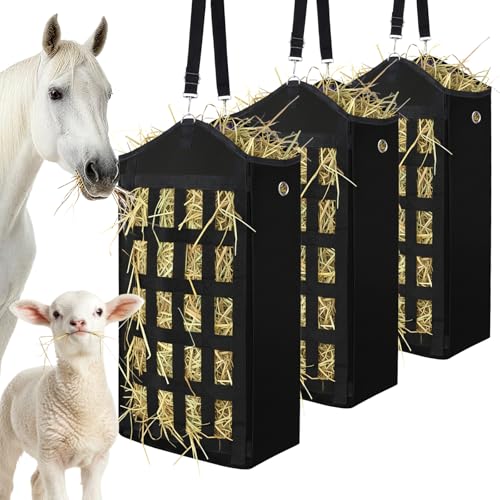 Zcargel 3 Pcs Hay Bags for Horses,Two-Sided Large Slow Feed Hay Bags for Goats,Sheep,Donkey,Large Top Opening with Hook-and-Loop Seals,Easy to Hang with Adjustable Strap (Black)