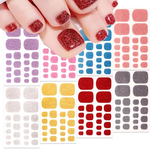 8 Sheets Gel Toe Nail Strips Solid Color Glitter Toenail Polish Strips Gold Silver Pink Blue Nail...