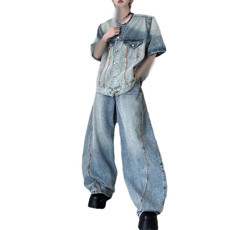 Pohullan Men Streetwear Two-Piece Sets Baggy Wide Leg Jeans Short Sleeve Button S Denim Coat3