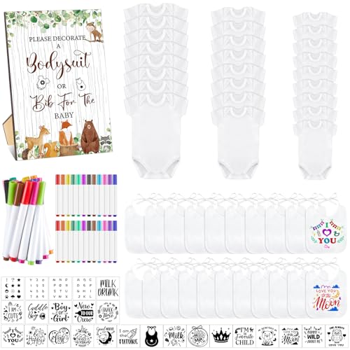 Panitay 100 Pcs White Baby Bodysuits Bibs Kit 25 Guests, Woodland
