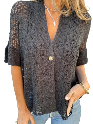 Women's Crochet Cardigan Summer Lightweight Hollow Out Short Sleeve V Neck Button Down Open Front Loose Knit Sweater